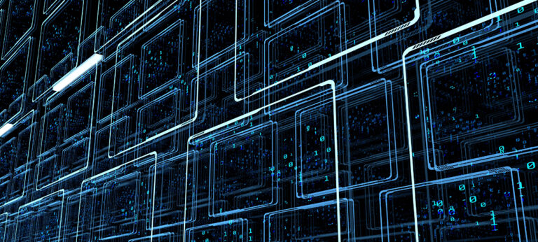 Abstract digital network grid with glowing blue lines and binary code, representing data flow or cybersecurity infrastructure