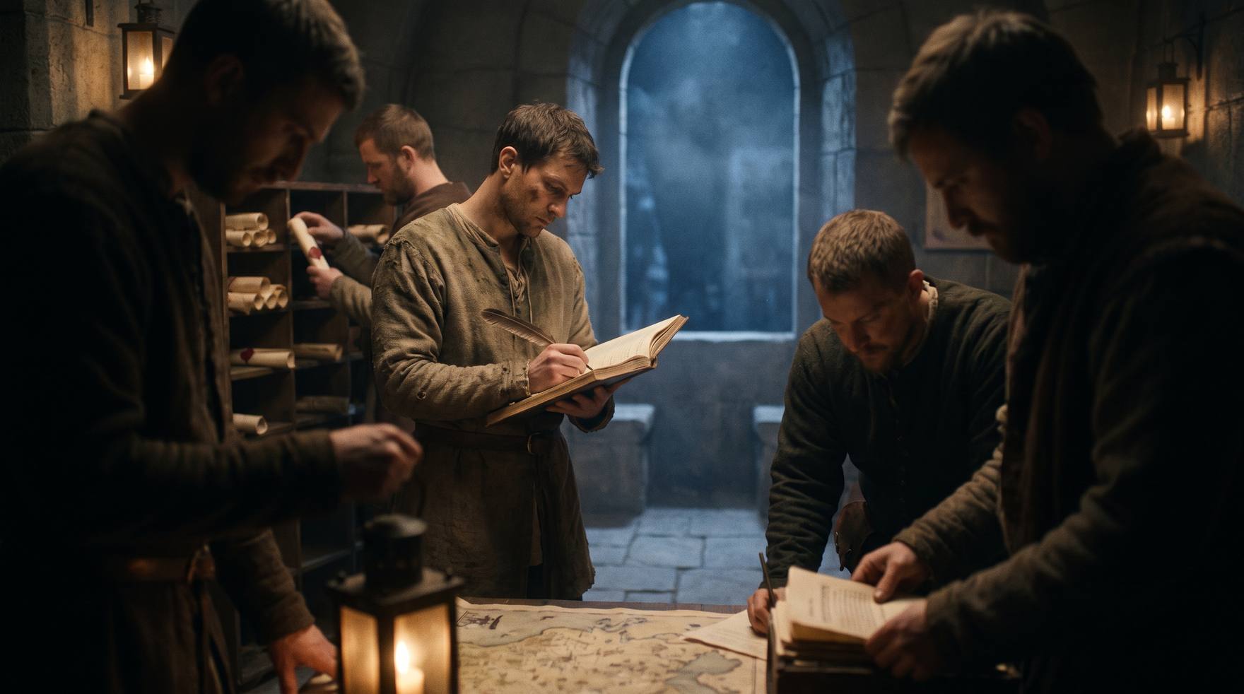 The watch room of a fortress at night: wardens logging entries in ledgers and sorting sealed dispatches into pigeonholes