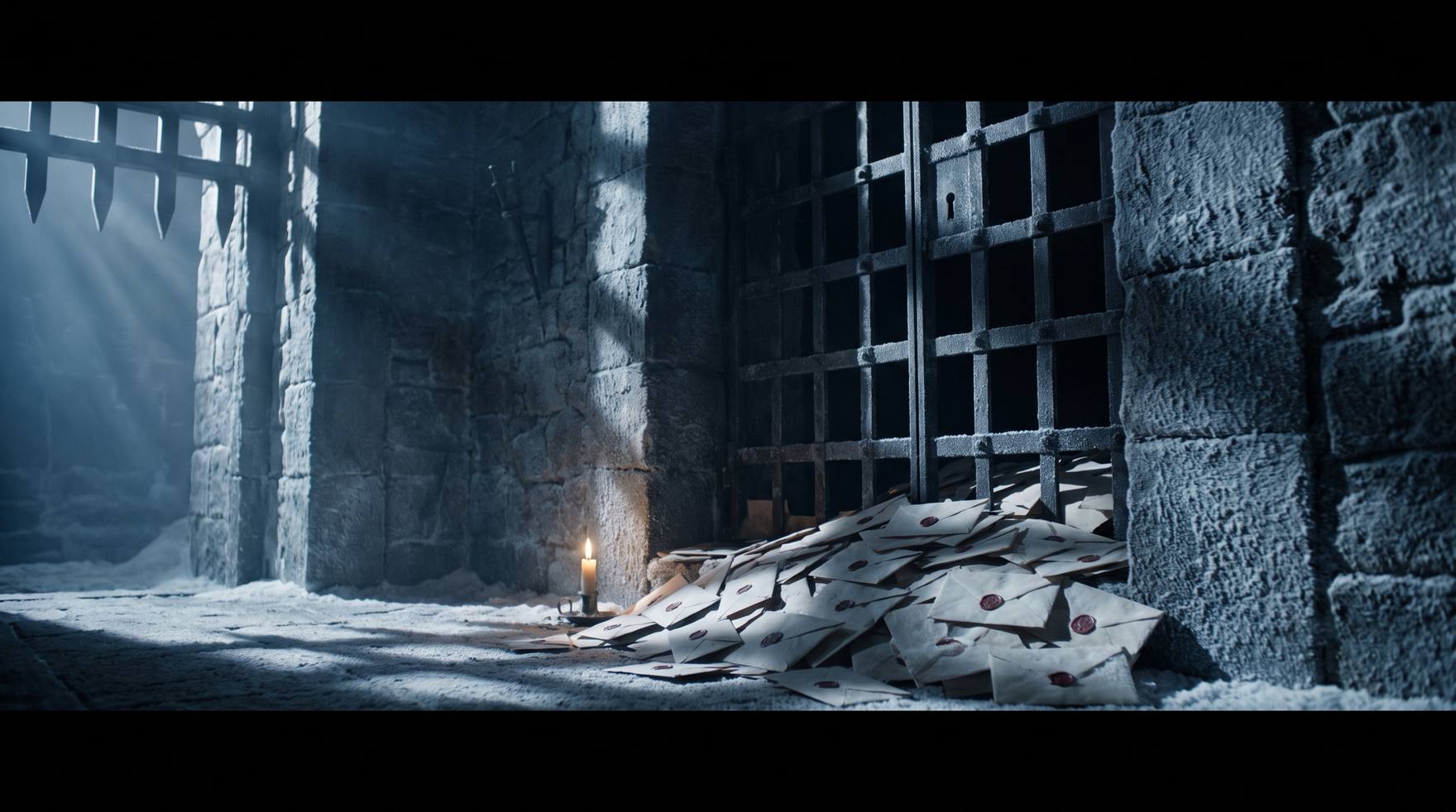 An empty fortress gatehouse at night with unopened sealed letters piled against a barred door