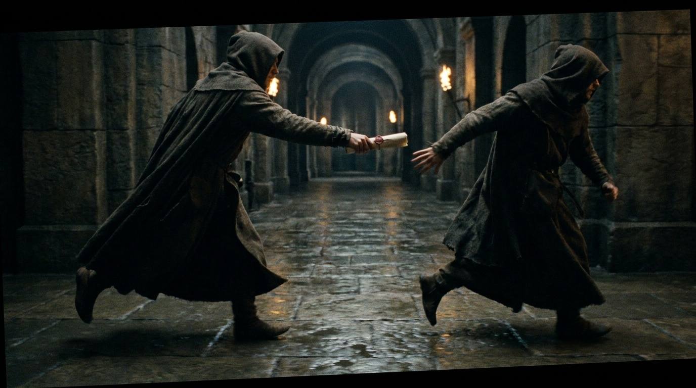A torch-lit fortress corridor with a sealed dispatch passing from one runner to the next