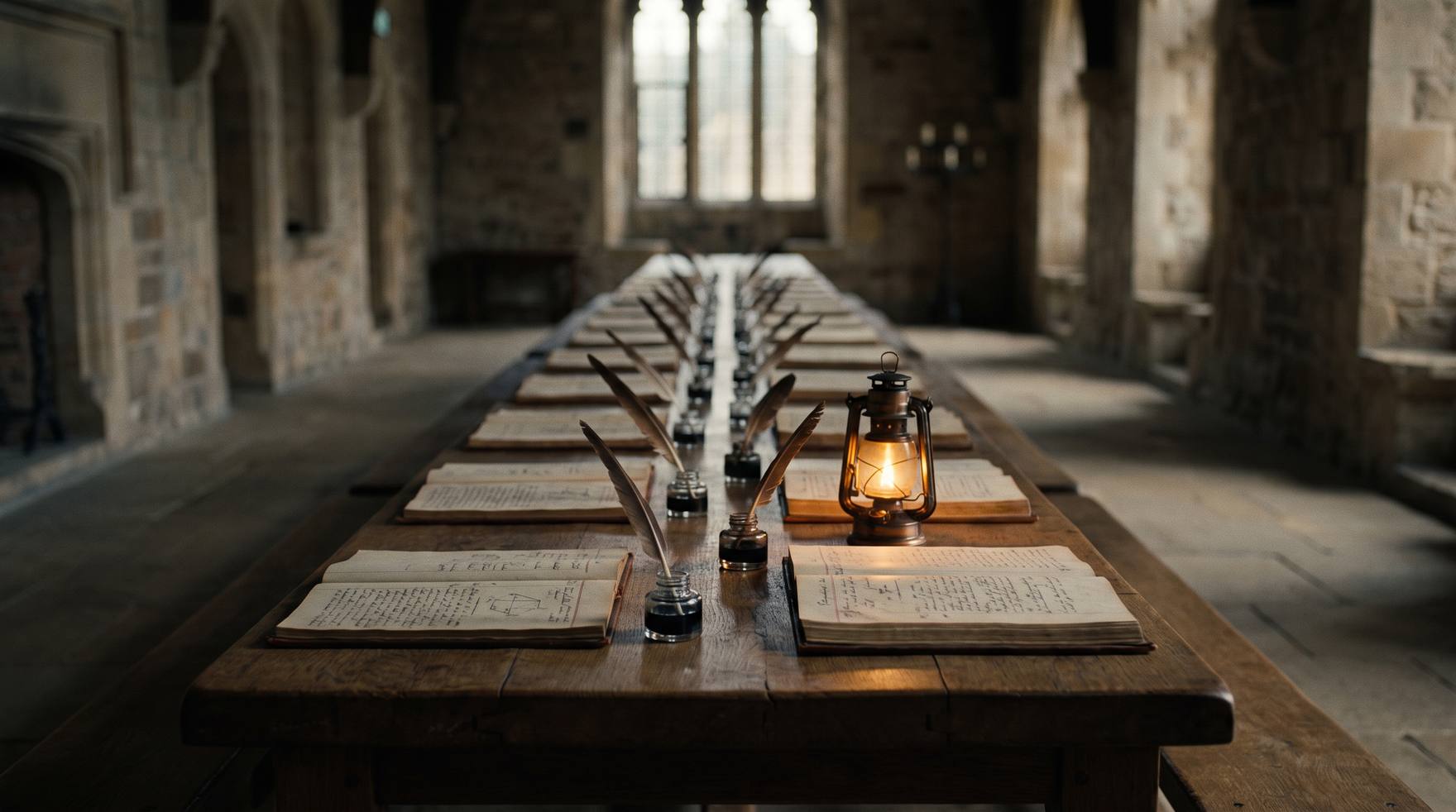 A fortress scriptorium with open ledgers laid in a row on a long oak table under cold dawn light