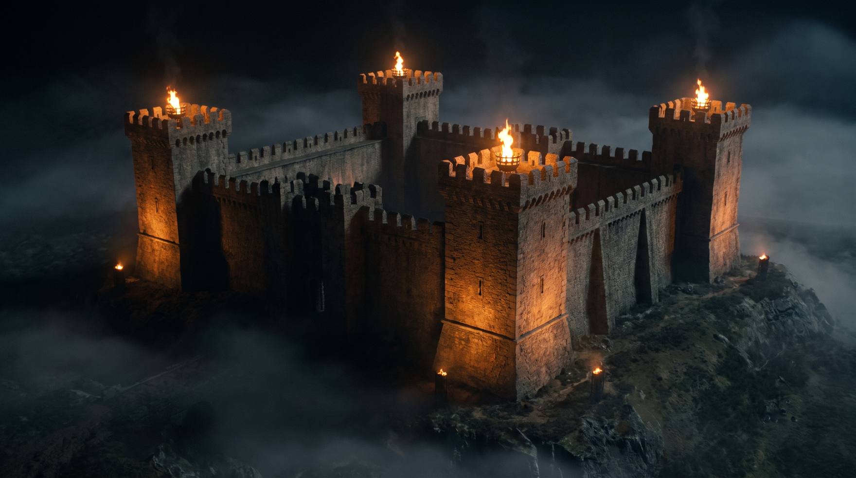 An intact stone fortress at night seen from above, four corner watchtowers each lit with a signal beacon
