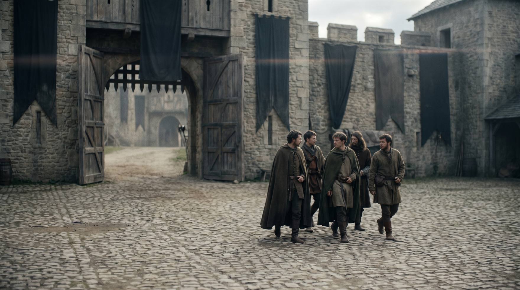 A quiet fortress courtyard at first light, gates open, banners still, nothing burning