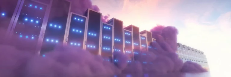 Colorful cloud surrounds glowing data servers at sunset.