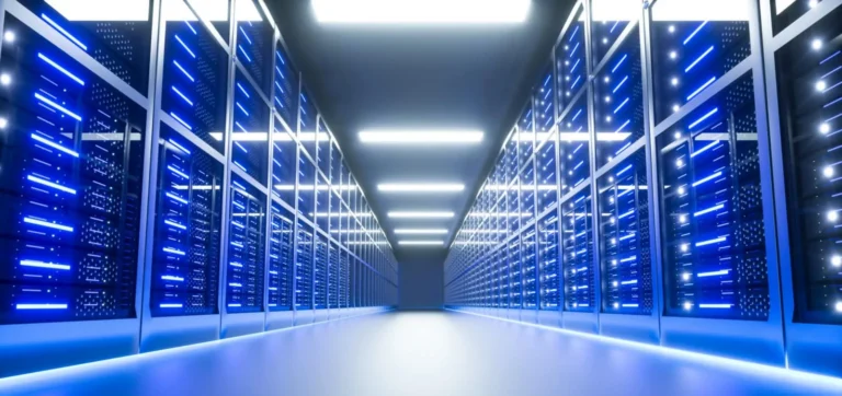 Modern data center with glowing blue servers